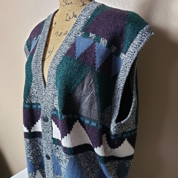 Vintage 80s Unisex Geometric Buttonfront Sweater Cardigan Vest-Size Men's XL - Picture 2 of 9